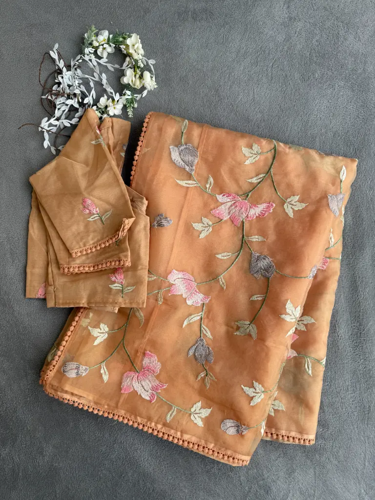 Q0024 - Organza  Floral Embroidered Saree