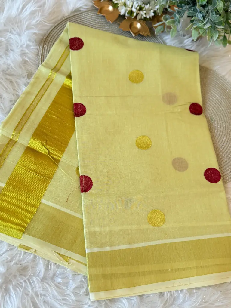 SS020-Polka Embroidery Kerala Tissue Saree