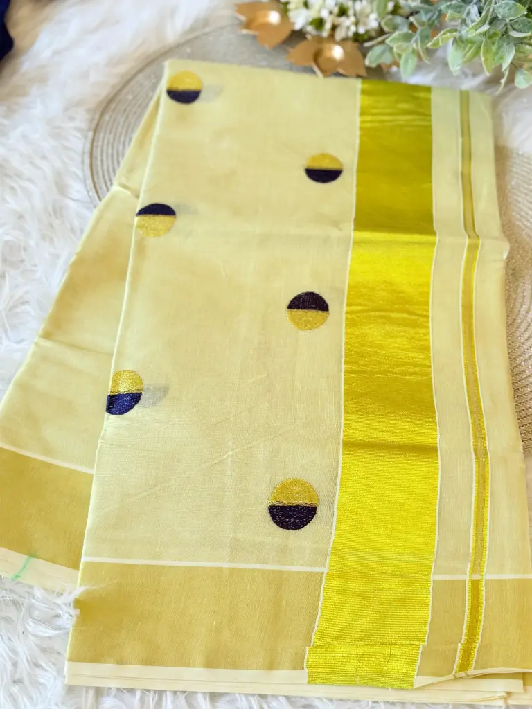 SS021-Polka Embroidery Kerala Tissue Saree