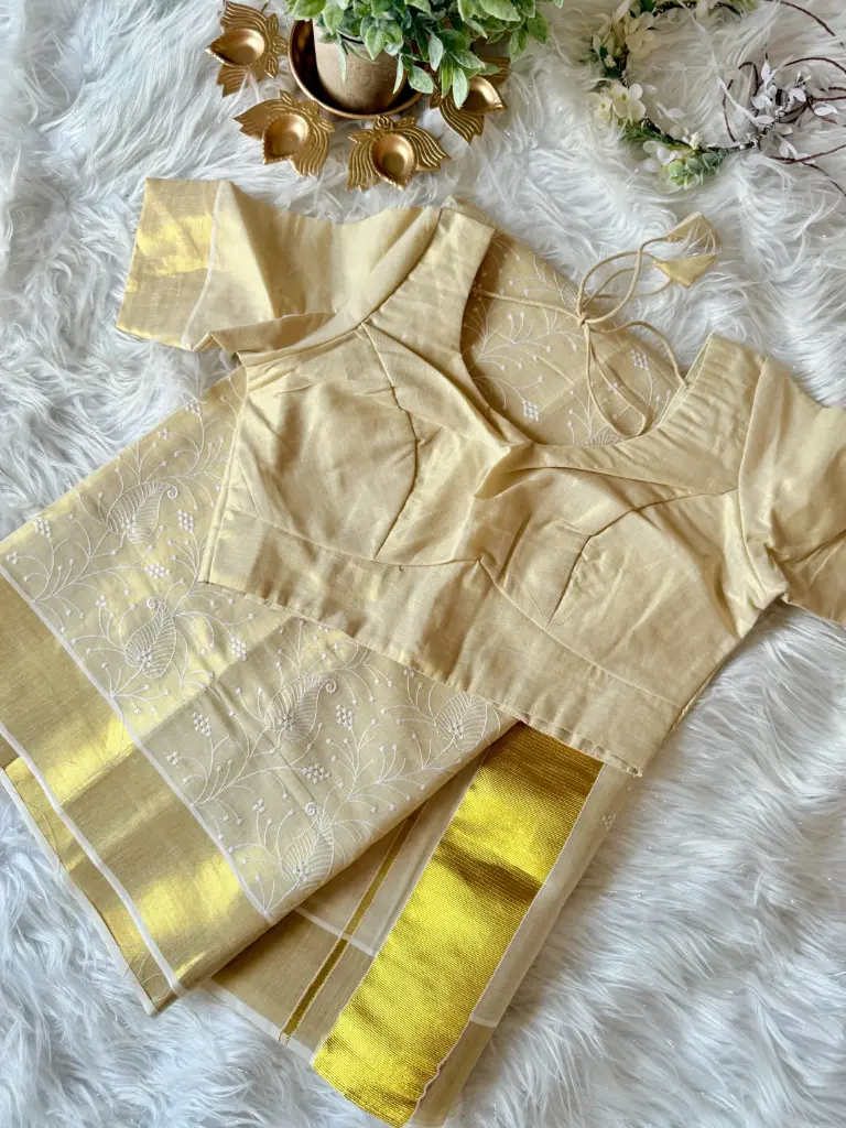 SS024-Chikankari Embroidery Kerala Tissue Saree with Stitched Blouse