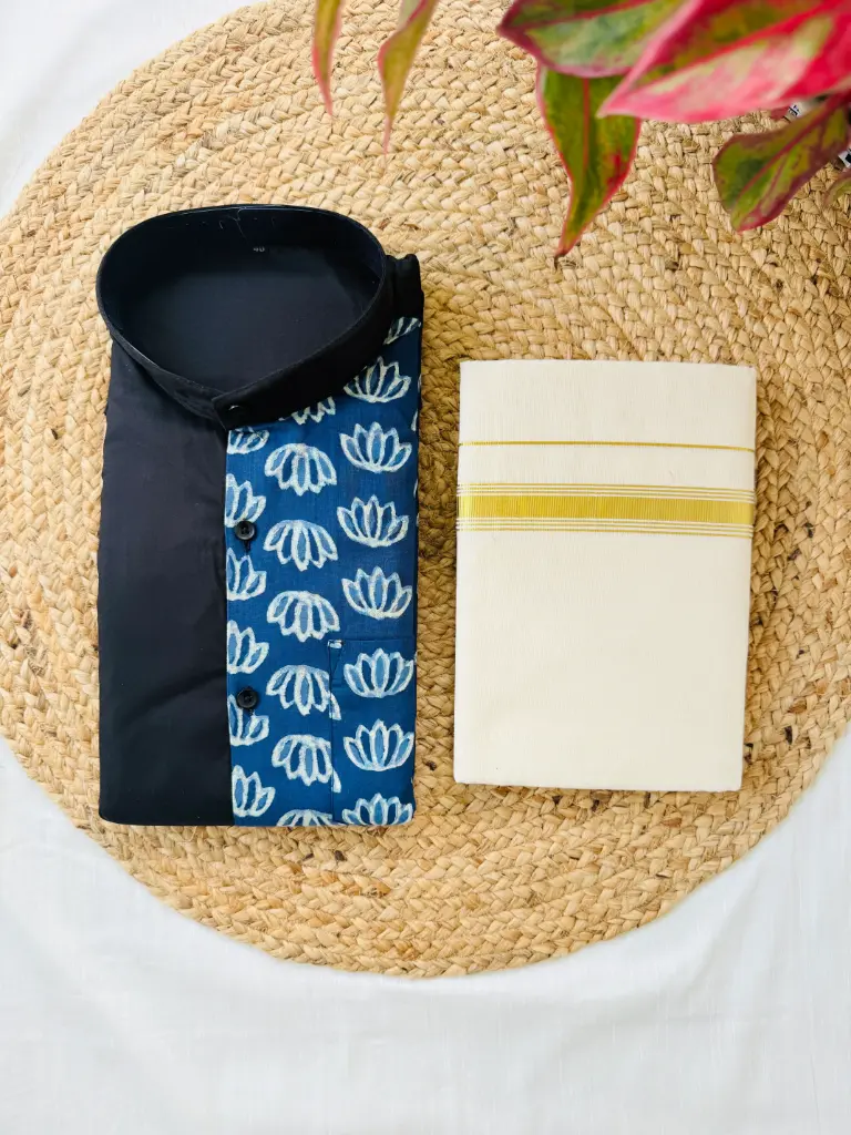 MQ005  Men's Black & Blue Lotus Shirt