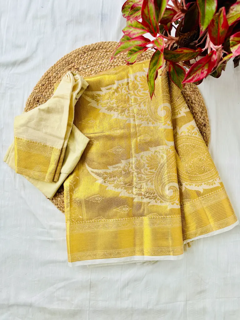 SS037-Premium Kerala Tissue Kasavu Saree with Stitched Blouse