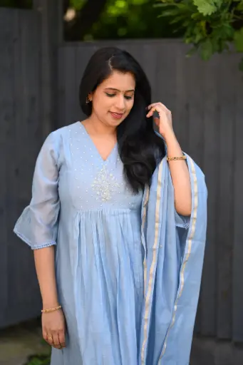 QS076 Mul-Chanderi Anarkali Salwar Suit Set