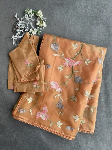 Q0024 - Organza  Floral Embroidered Saree