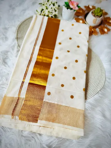 SS09 - Polka Embroidery Kerala Saree