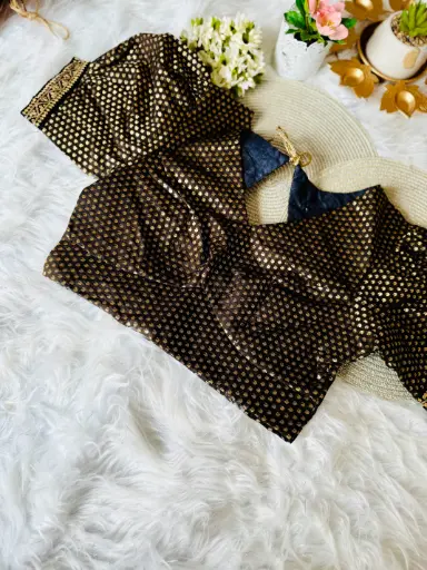 QB028-Black Brocade Puff Sleeves Blouse