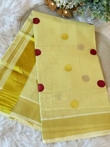 SS020-Polka Embroidery Kerala Tissue Saree
