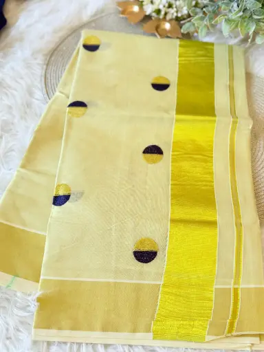 SS021-Polka Embroidery Kerala Tissue Saree