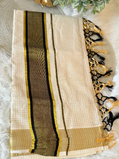 SS016-Checked Kerala Kasavu Saree