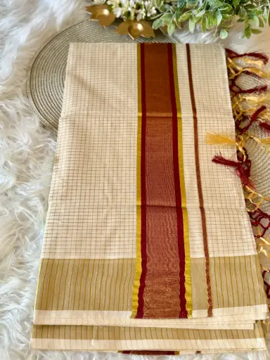 SS018-Checked Kerala Kasavu Saree