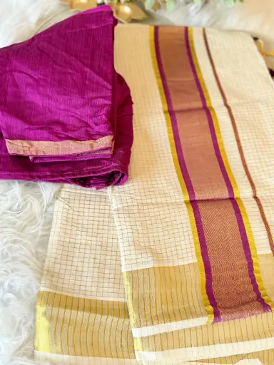 SS019-Checked Kerala Kasavu Saree