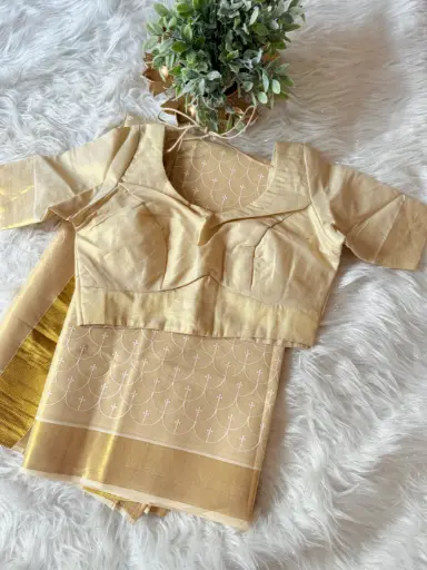 SS023-Chikankari Embroidery Kerala Tissue Saree with Stitched Blouse