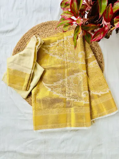 SS037-Premium Kerala Tissue Kasavu Saree with Stitched Blouse