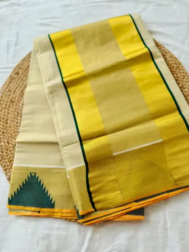 SS044 - Balaramapuram Temple Kerala Kasavu Saree-Green