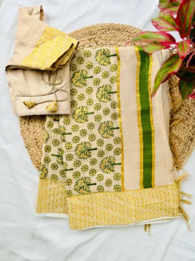 SS046 - Premium Tree Design Kerala Tissue Kasavu Saree with Stitched Blouse